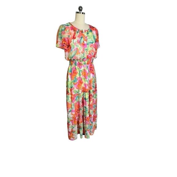 Cynthia Rowley Floral Smocked Tiered Short Sleeve Maxi Dress | L - Picture 5 of 9